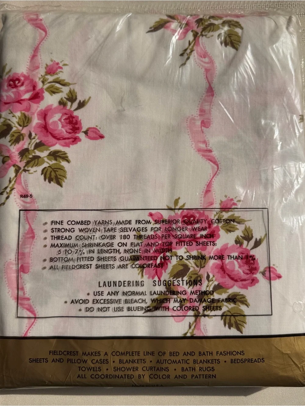 Vintage Fieldcrest Ribbon Bouquet Full Sheet Set Pink Floral Percale NOS USA